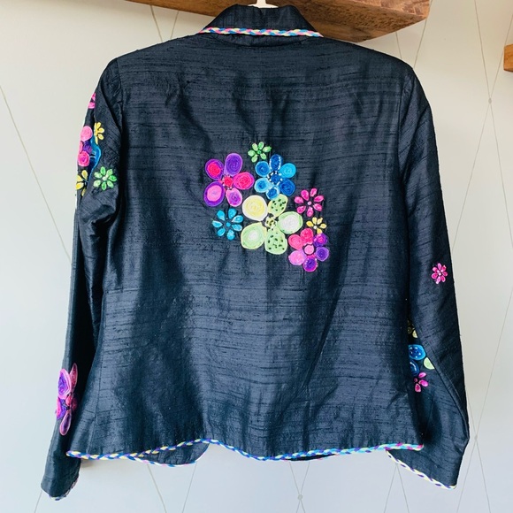 100% Silk Jacket Blazer Black Floral Embroidery Embellished Vibrant Anage XS - Picture 8 of 8